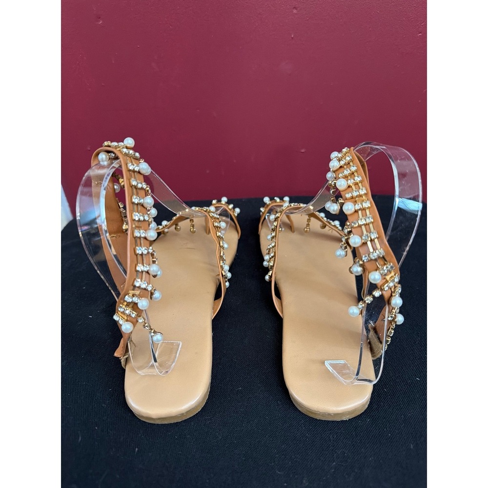 Tan Faux Pearl Rhinestone‎ Toe Loop Flat Sandals Gold Embellished Size 37 Boho